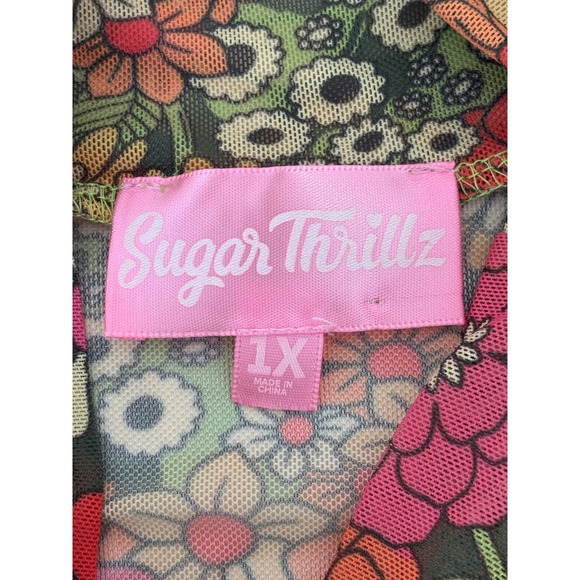 Boho Fairycore Dress 1X Mini 70s Retro Sheer Floral Mesh Bell Sleeve Lettuce Hem - Picture 4 of 13